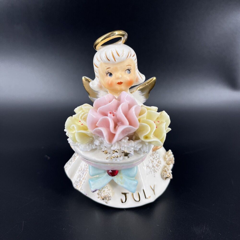 Vintage Lefton July Angel Water Lily Ruby Porcelain Figurine - IMPERFECT